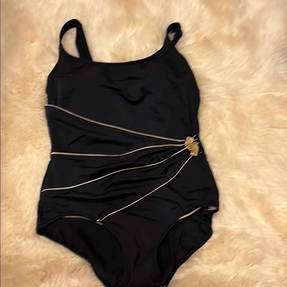 Black and Gold One-Piece Swimsuit with Geometric Straps - Picture 1 of 5